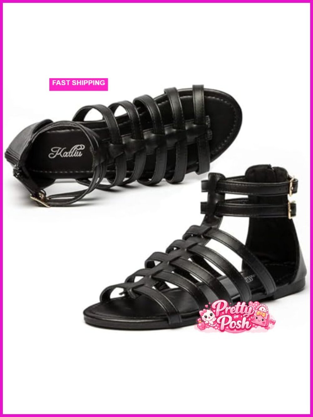 Women's Gladiator Sandals Strappy Flat Faux Leather Two Ankle Buckle Comfort